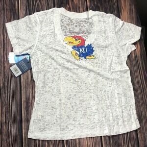 NUYU Kansas University Jayhawks Womens NEW White VNeck Burnout Tee T Shirt Small